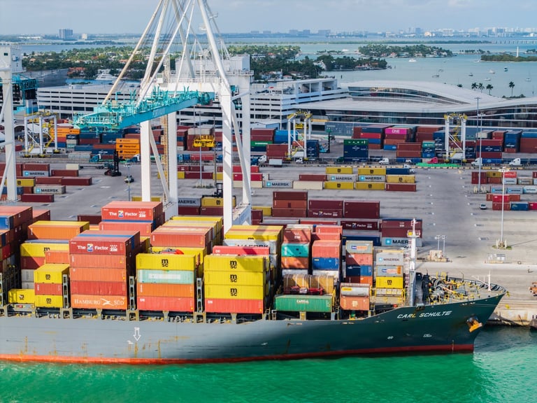 Global shipping port with cargo containers representing international logistics