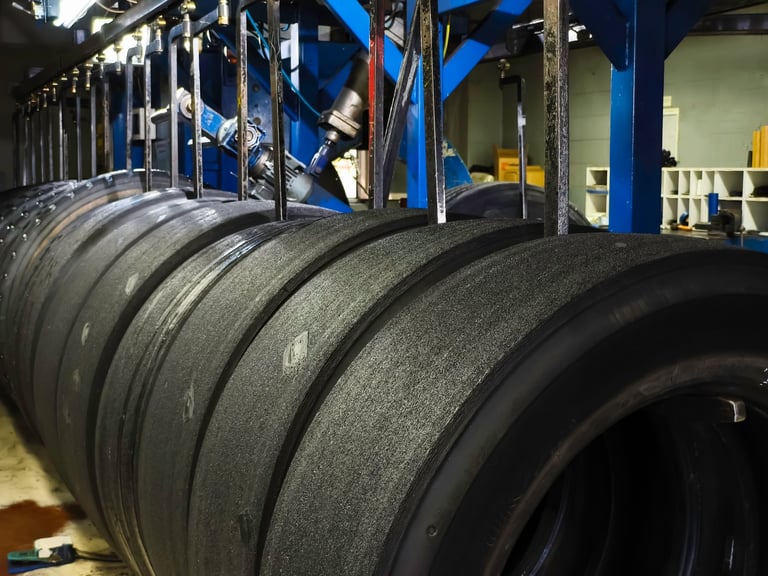Tyres in factory production line awaiting inspection