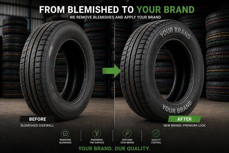 Before and after comparison of tire rebranding service, showing removal of blemished sidewall and application of custom brand name on tire surface