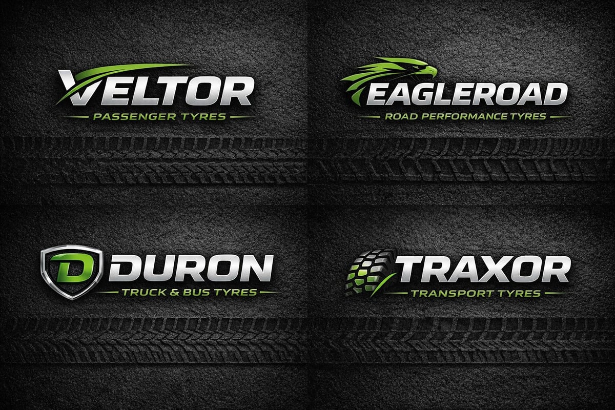 Four tire brand logos displayed on textured dark background: Veltor Passenger Tyres, Eagleroad Road Performance Tyres, Duron Truck and Bus Tyres, and Traxor Transport Tyres